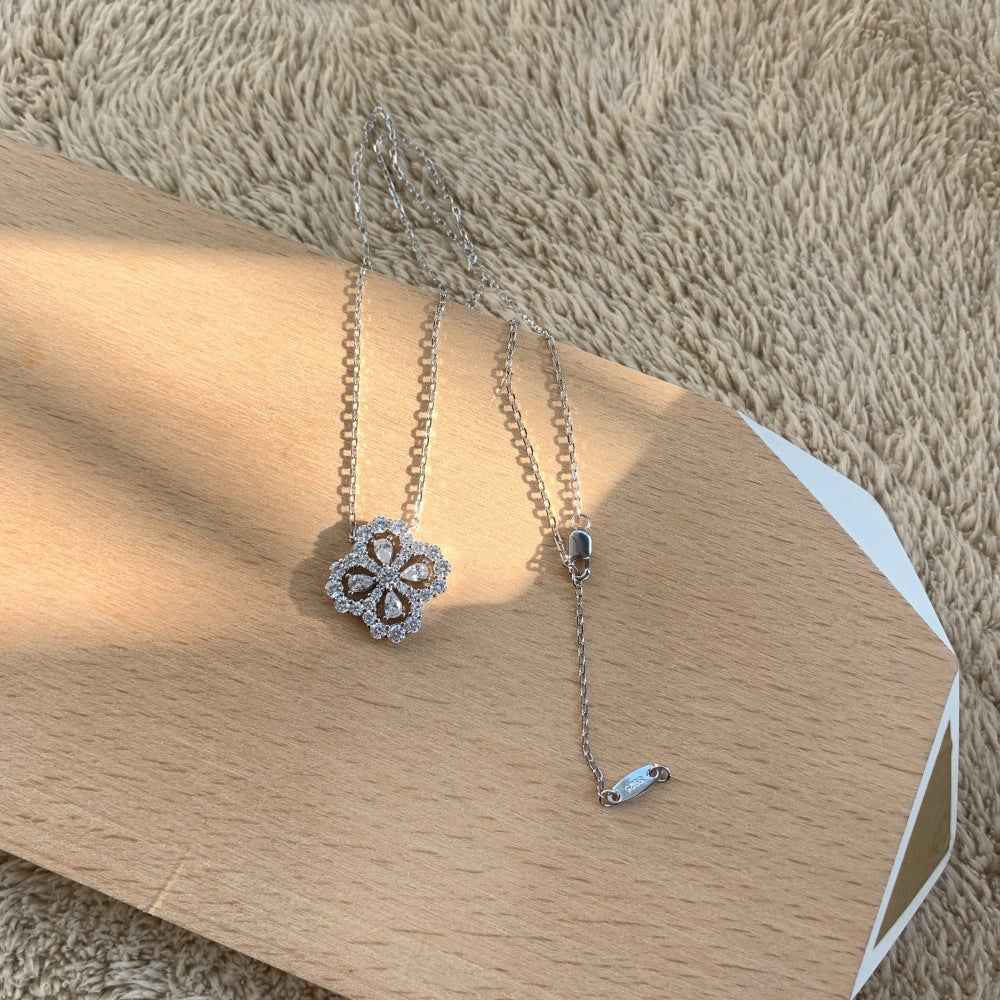 Meadow's Tear – S925 Silver Four-Leaf Clover Teardrop Necklace (White or Pink CZ) (Copy)
