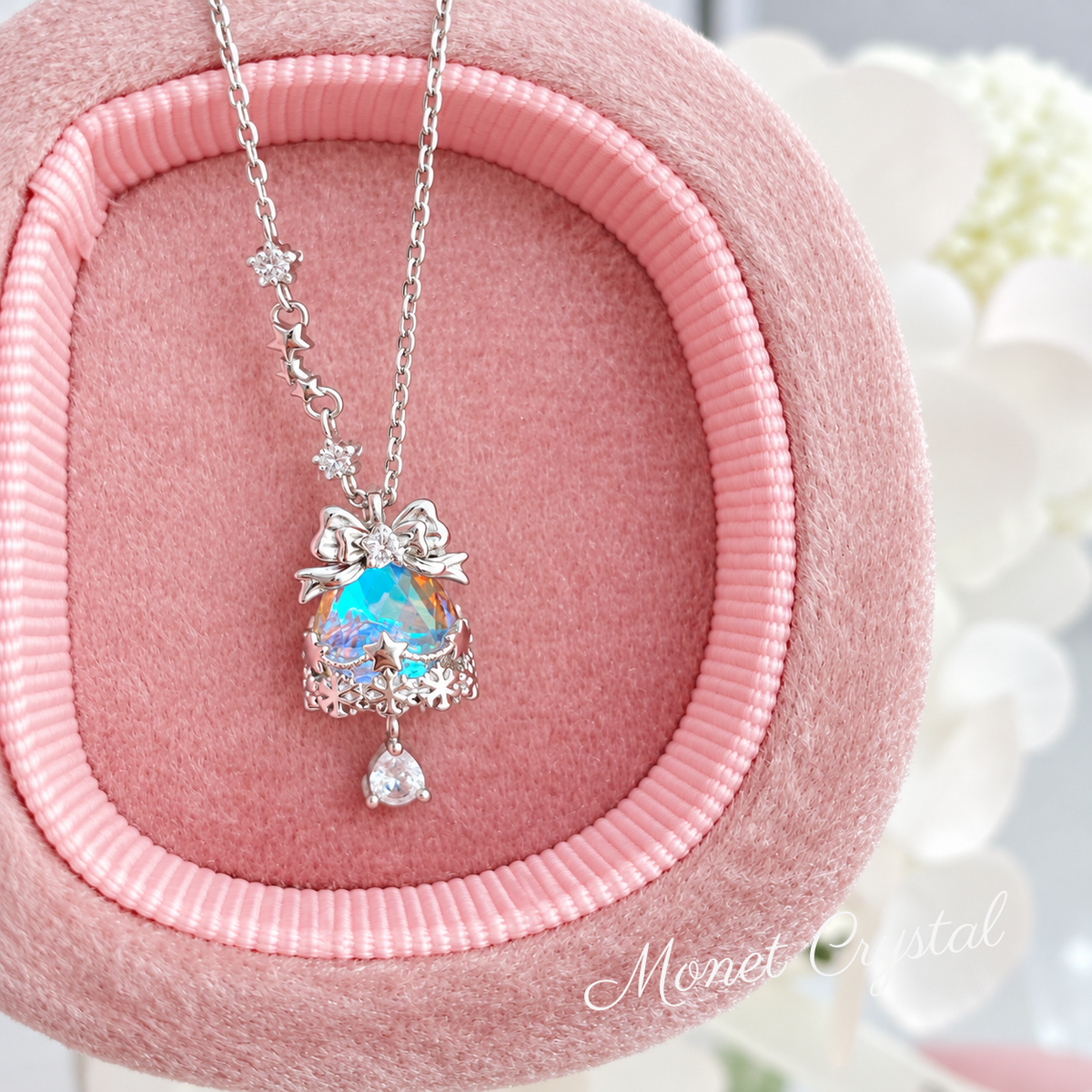 “Merry Chime” S925 Sterling Silver Moonstone Christmas Bell Necklace