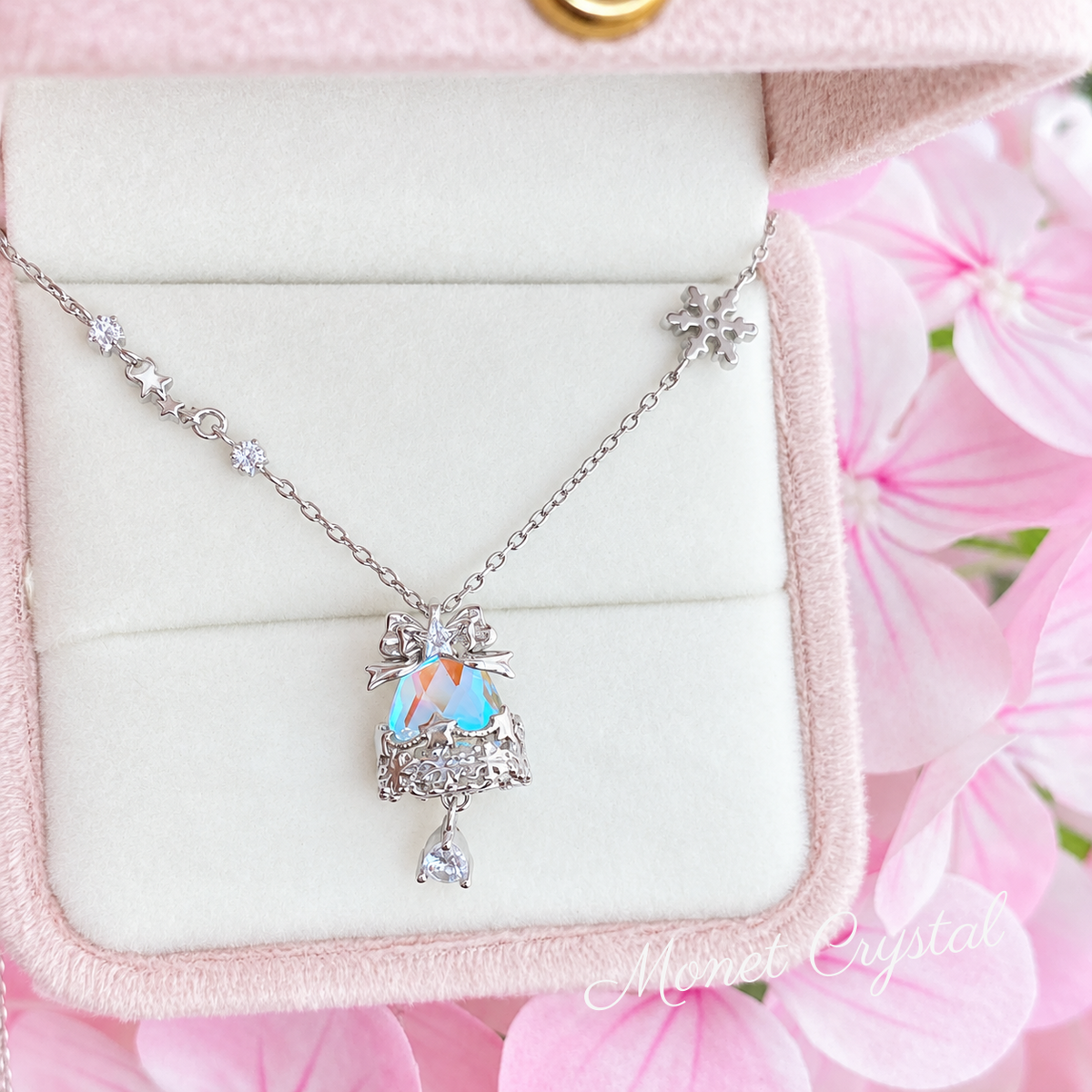“Merry Chime” S925 Sterling Silver Moonstone Christmas Bell Necklace