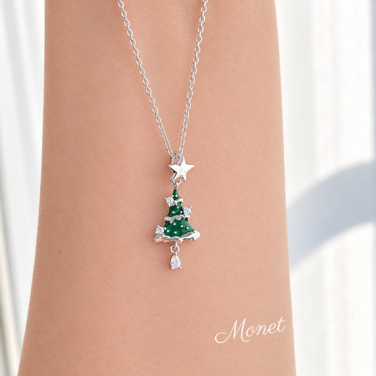 “Merry Evergreen” S925 Sterling Silver Resin Christmas Tree Zircon Necklace