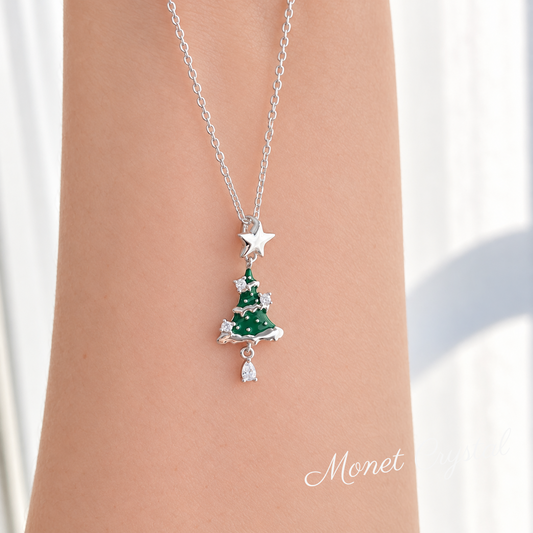 “Merry Evergreen” S925 Sterling Silver Resin Christmas Tree Zircon Necklace