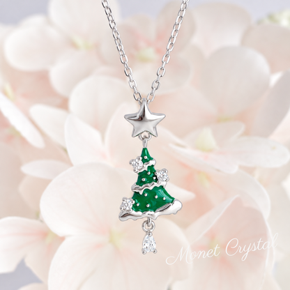 “Merry Evergreen” S925 Sterling Silver Resin Christmas Tree Zircon Necklace