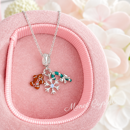 “Merry Little Things” White Gold Plated S925 Sterling Silver Moonstone Christmas Charm Necklace