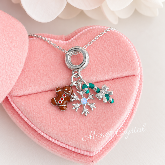 “Merry Little Things” White Gold Plated S925 Sterling Silver Moonstone Christmas Charm Necklace