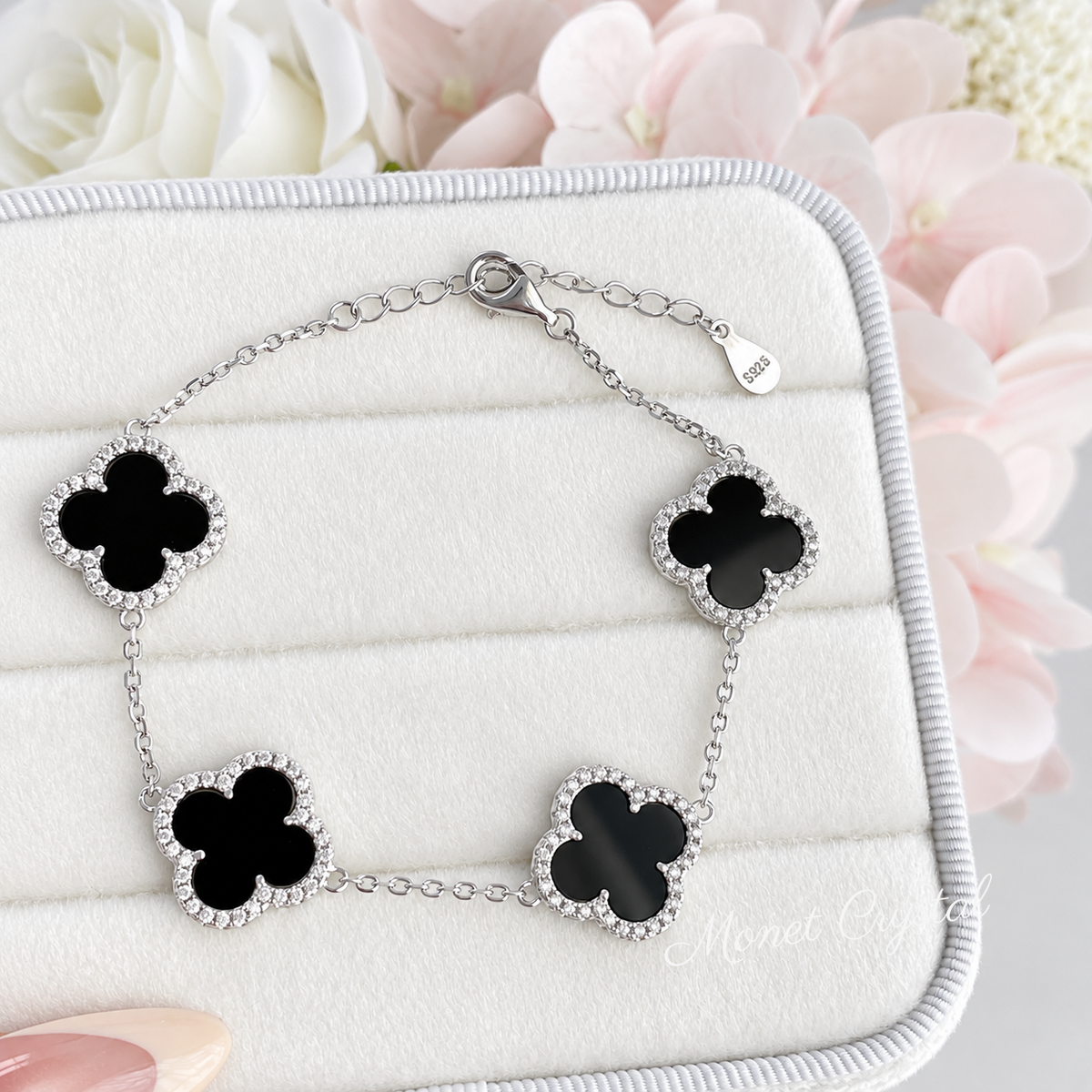 “Midnight Clover” S925 Sterling Silver Black Turquoise Zircon Bracelet