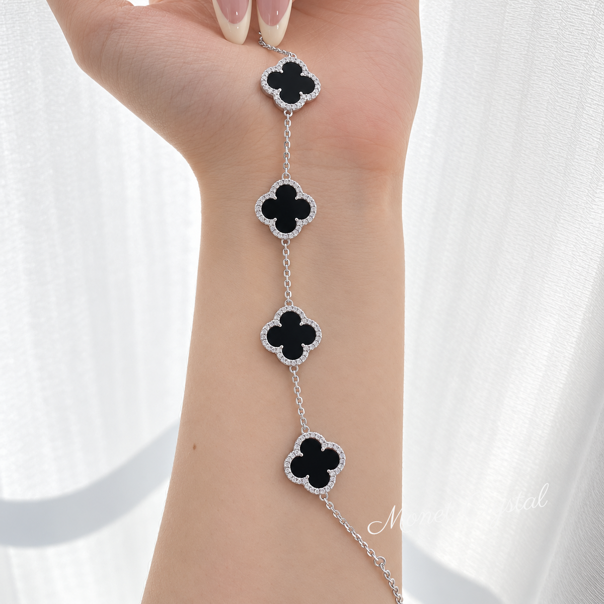 “Midnight Clover” S925 Sterling Silver Black Turquoise Zircon Bracelet