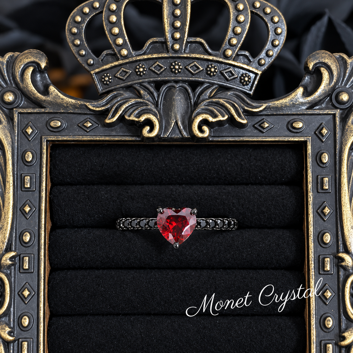 “Midnight Heart” Black Gold Plated S925 Sterling Silver Red Heart Zircon Ring