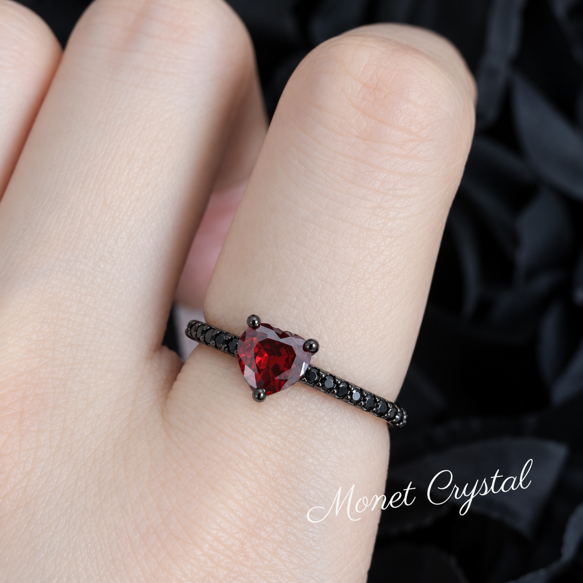 “Midnight Heart” Black Gold Plated S925 Sterling Silver Red Heart Zircon Ring