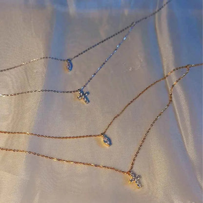 "Mini Double-Chain Cross" 925 Sterling Silver Necklace with 5A Zircon – Petite, Elegant, Faithful