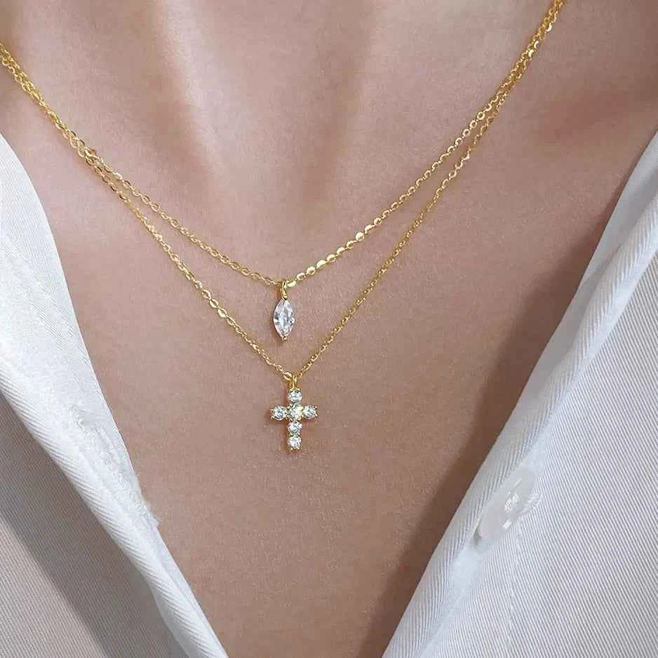 "Mini Double-Chain Cross" 925 Sterling Silver Necklace with 5A Zircon – Petite, Elegant, Faithful