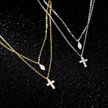 "Mini Double-Chain Cross" 925 Sterling Silver Necklace with 5A Zircon – Petite, Elegant, Faithful