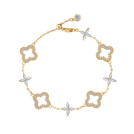 Moonlit Clover – S925 Silver & Gold Hollow Clover Bracelet with CZ