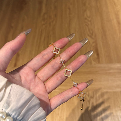 月明かりのクローバー – S925シルバー＆ゴールド中空クローバーブレスレット、CZ付き