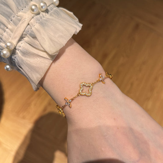 Moonlit Clover – S925 Silver & Gold Hollow Clover Bracelet with CZ