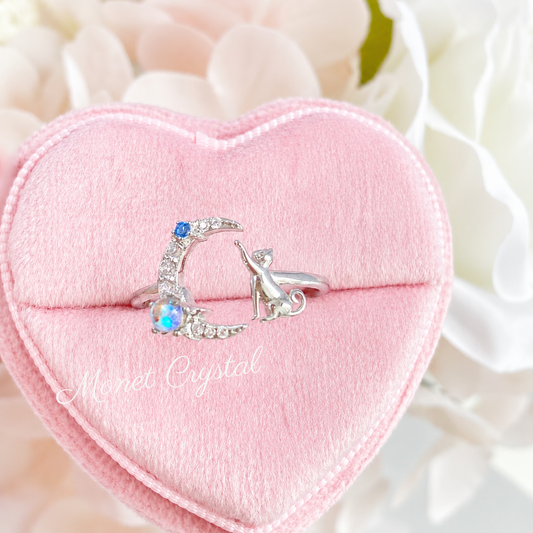 “Moonlit Kitty” S925 Sterling Silver Moonstone Cat Open Ring