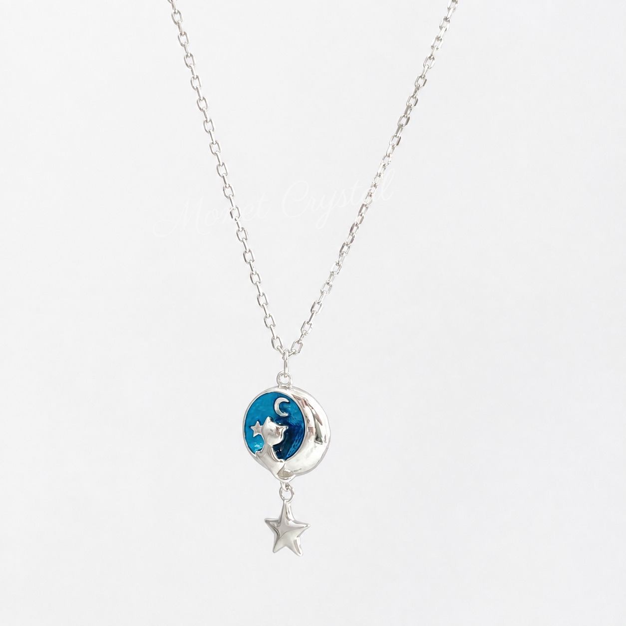 “Moonlit Star Kitty” S925 Sterling Silver Moon Cat Star Necklace