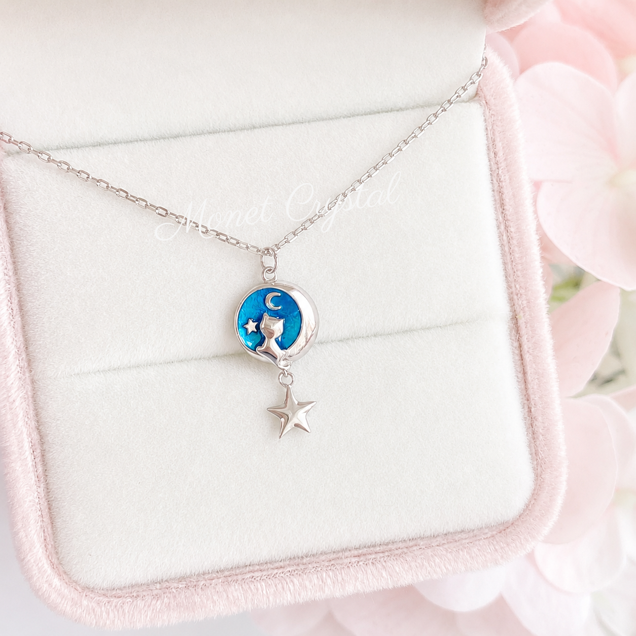 “Moonlit Star Kitty” S925 Sterling Silver Moon Cat Star Necklace