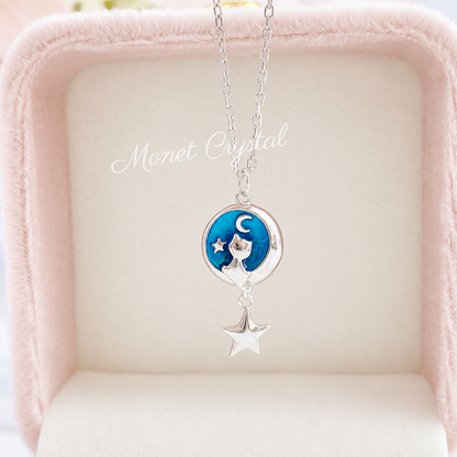 “Moonlit Star Kitty” S925 Sterling Silver Moon Cat Star Necklace