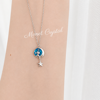 “Moonlit Star Kitty” S925 Sterling Silver Moon Cat Star Necklace