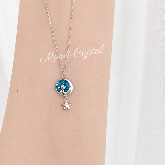 “Moonlit Star Kitty” S925 Sterling Silver Moon Cat Star Necklace