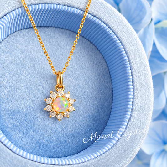“Morning Halo” 10K Gold Plated S925 Sterling Silver Opal Sun Necklace