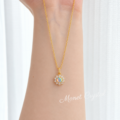 “Morning Halo” 10K Gold Plated S925 Sterling Silver Opal Sun Necklace