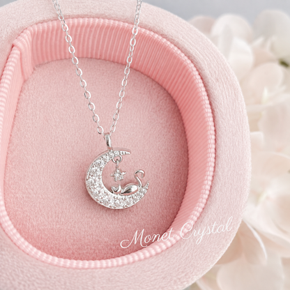 “Night Watch” S925 Sterling Silver Cat & Crescent Moon Necklace
