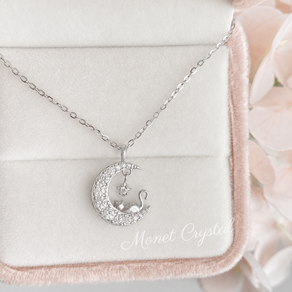 “Night Watch” S925 Sterling Silver Cat & Crescent Moon Necklace