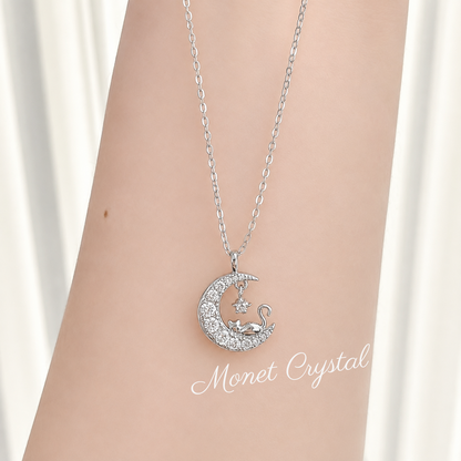 “Night Watch” S925 Sterling Silver Cat & Crescent Moon Necklace