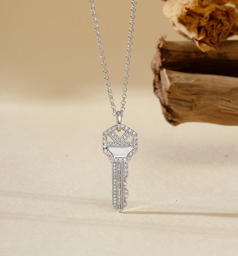 “Key of Power” 925 Sterling Silver Pavé Key Pendant Necklace