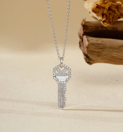“Key of Power” 925 Sterling Silver Pavé Key Pendant Necklace