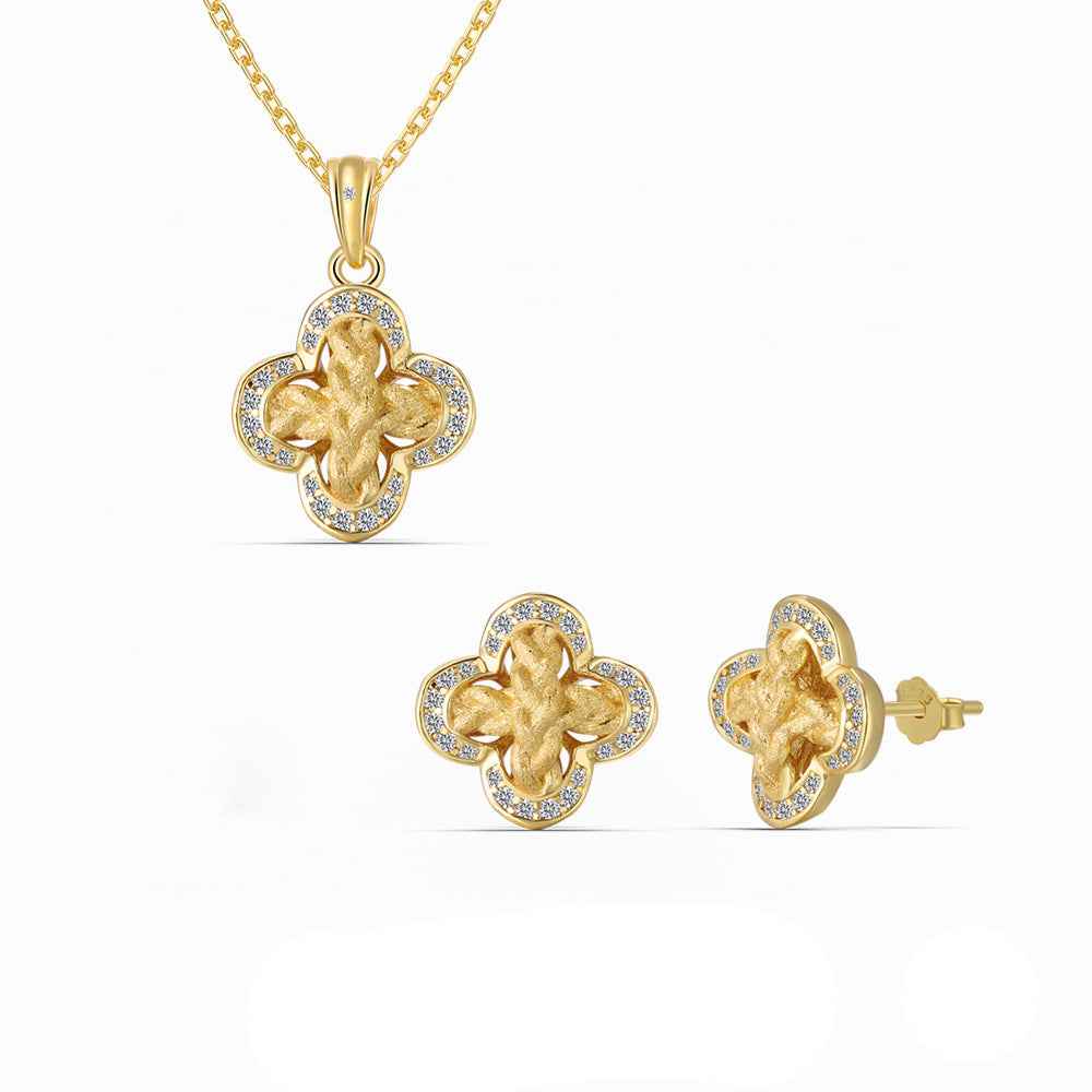 “Golden Clover Grace” 925 Sterling Silver Four-Leaf Clover Necklace & Stud Earrings Set