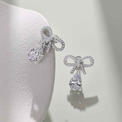 “Bow Elegance” 925 Sterling Silver Pear-Cut Drop Bow Earrings