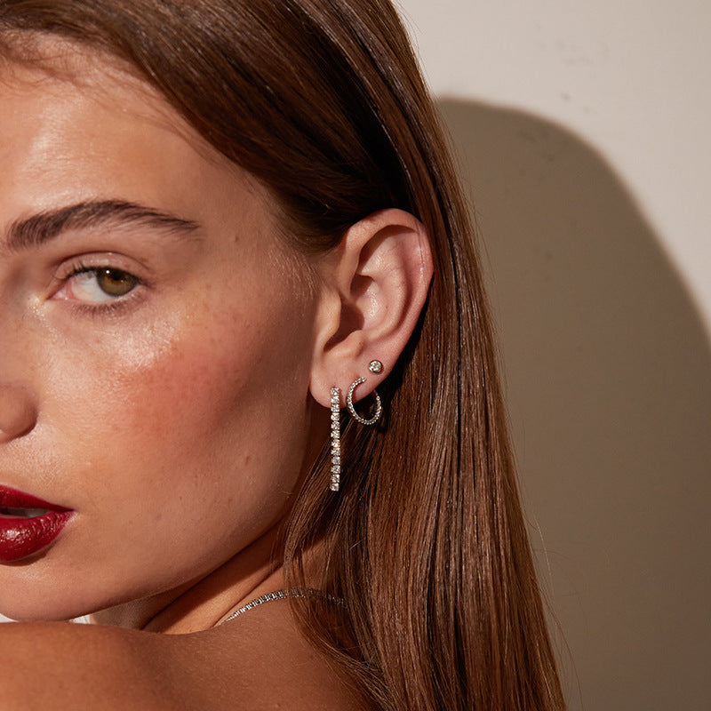 “Linear Radiance” 925 Sterling Silver Diamond Bar Drop Earrings