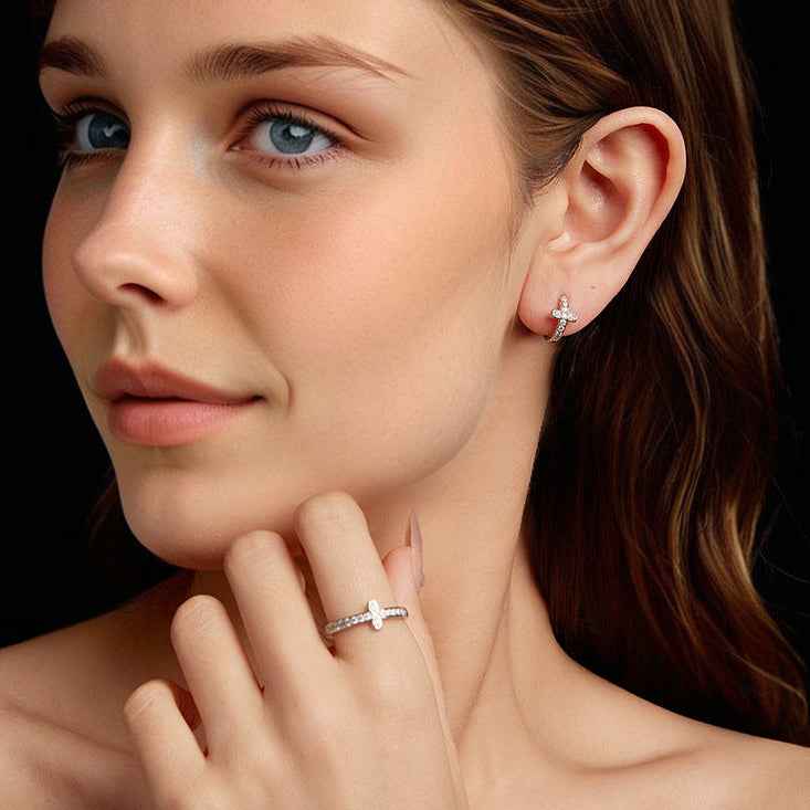 “Radiant Cross” 925 Sterling Silver Moissanite Cross Ring & Earrings Set