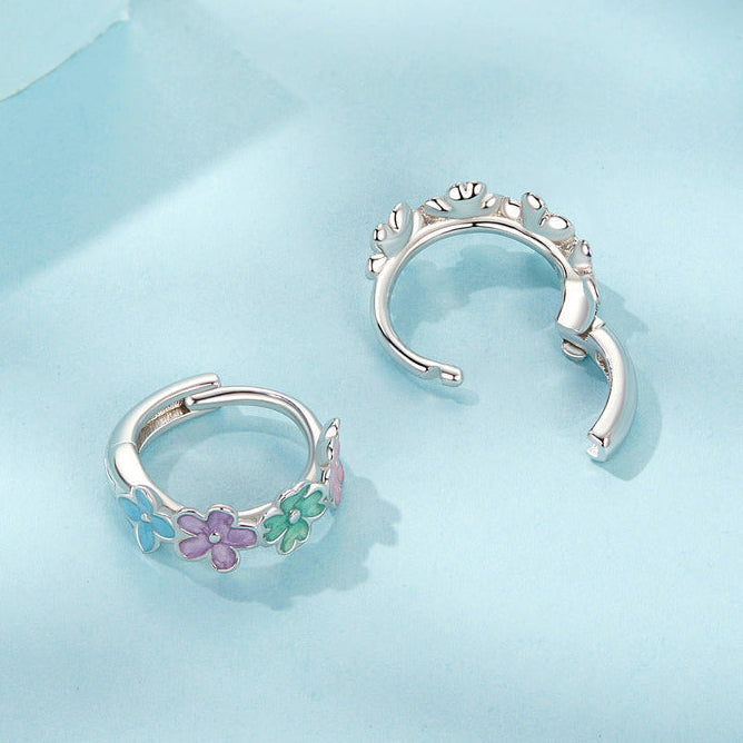 “Pastel Bloom” S925 Sterling Silver Colorful Floral Huggie Earrings