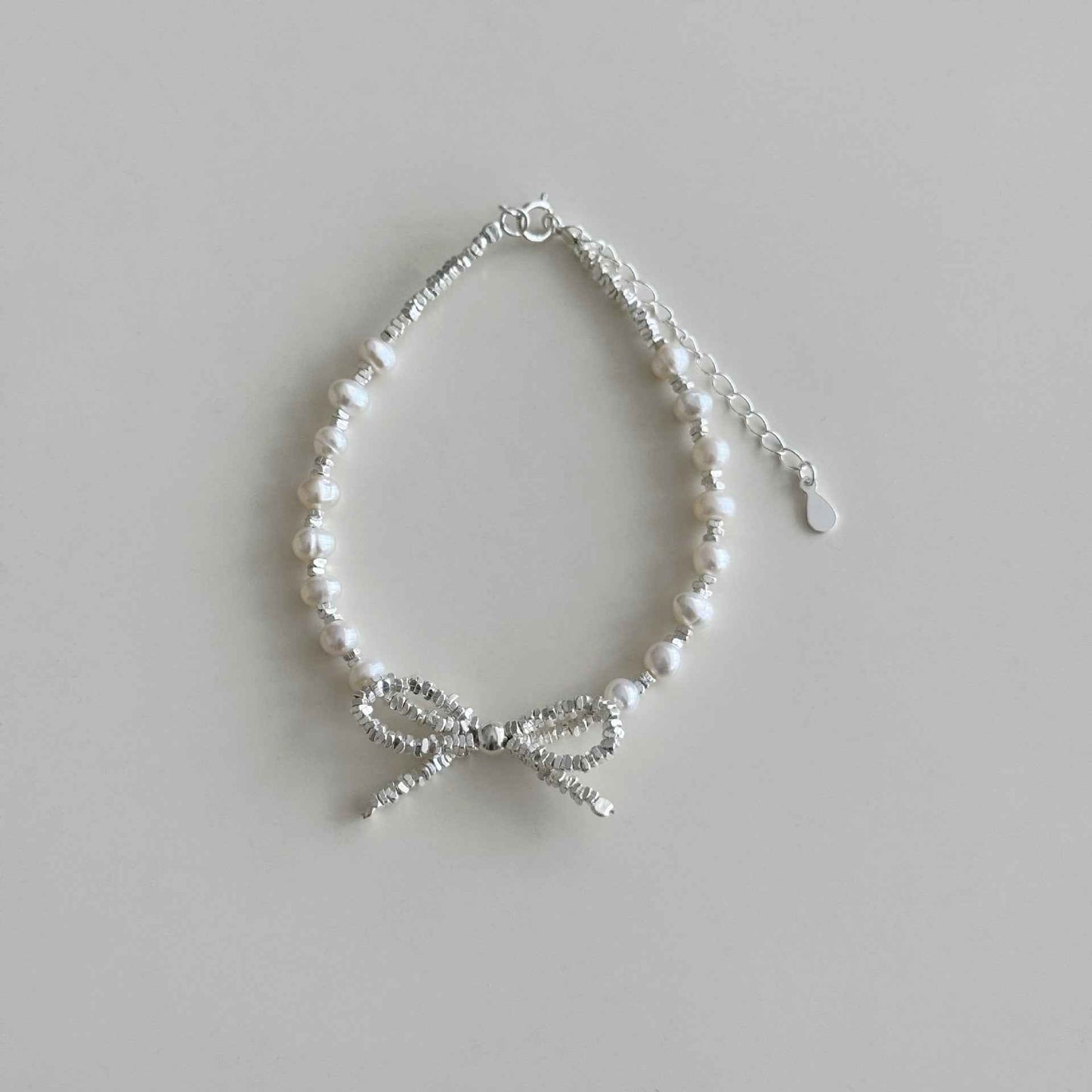 "Sweet Pearl Bow" 925 Sterling Silver Fragmented Chain Bracelet