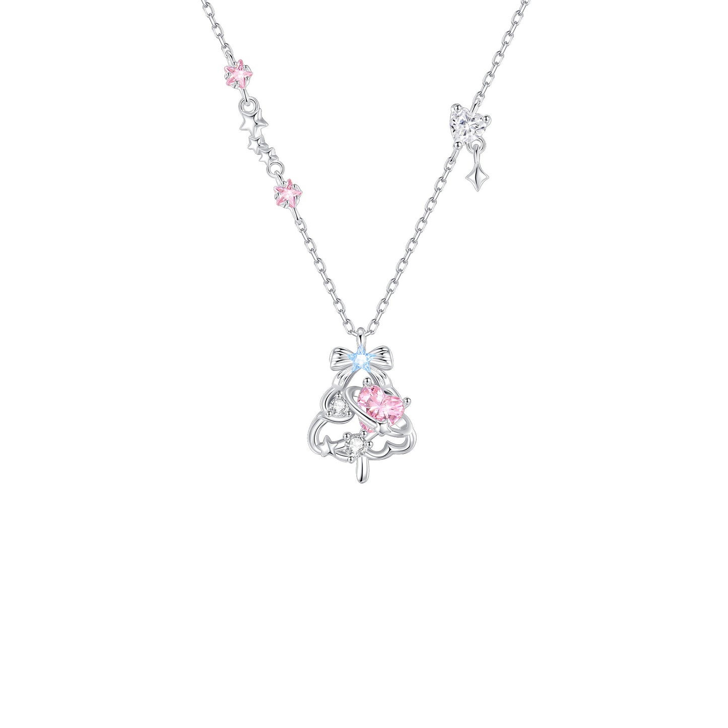 "Pink Sparkle Christmas Tree" 925 Sterling Silver Necklace