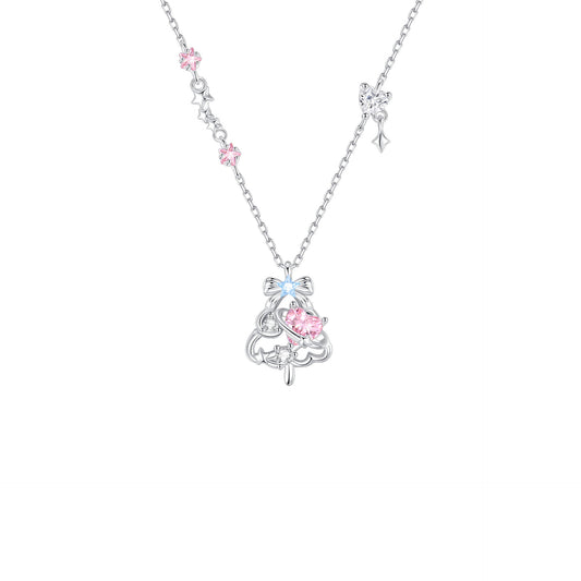 "Pink Sparkle Christmas Tree" 925 Sterling Silver Necklace