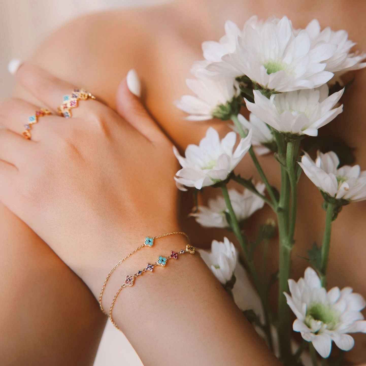 “Tiny Clover Luck” 925 Sterling Silver Mini Turquoise Necklace & Bracelet Set
