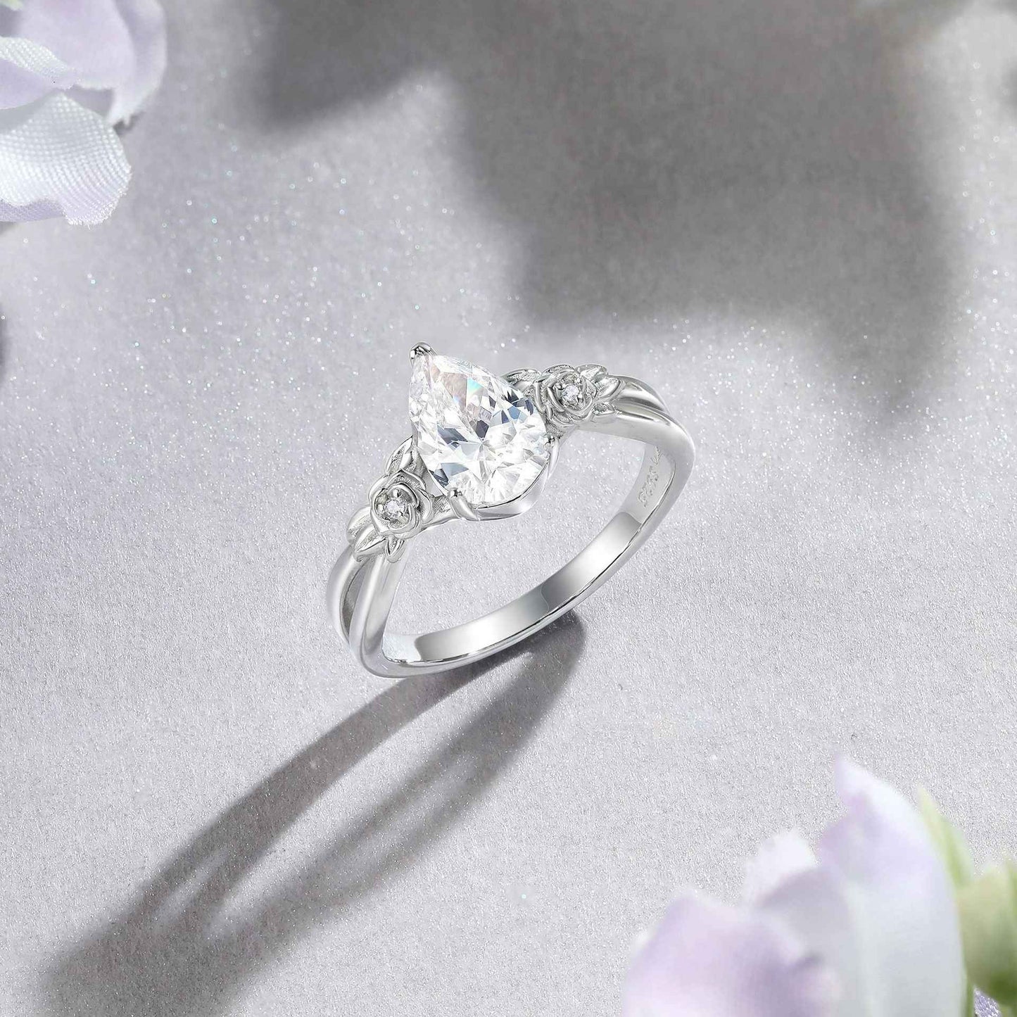 “Rose Tiara” S925 Sterling Silver 1.5CT Pear-Cut Floral Ring Set