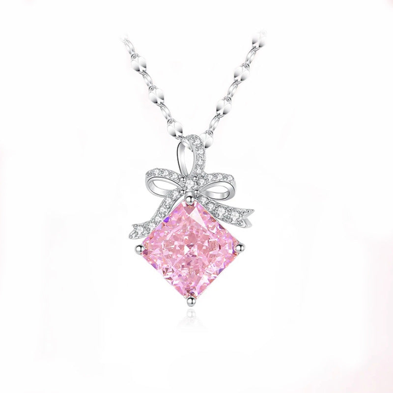 “Blush Ribbon” S925 Sterling Silver Pink Ice-Cut Bow Jewelry Set (Necklace & Earrings)