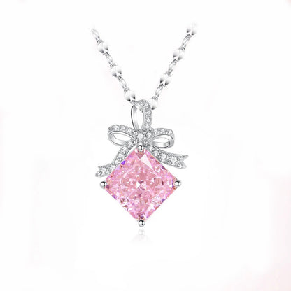 “Blush Ribbon” S925 Sterling Silver Pink Ice-Cut Bow Jewelry Set (Necklace & Earrings)