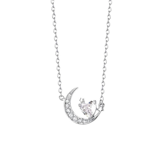 "Night Dream Starlight" 999 Pure Silver Heart and Moon Necklace - Dreamy and Elegant