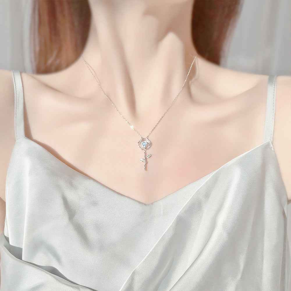 “Ethereal Rose” 925 Sterling Silver Iridescent Crystal Rose Pendant Necklace