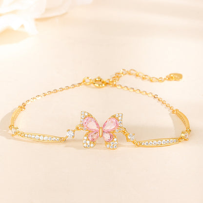 “Pink Flutter” S925 Sterling Silver Pavé Butterfly Bracelet