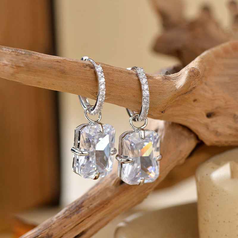 “Radiant Frame” 925 Sterling Silver Cushion-Cut Zircon Drop Hoop Earrings