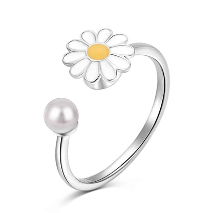“Daisy Glow” 925 Sterling Silver Adjustable Flower & Pearl Open Ring