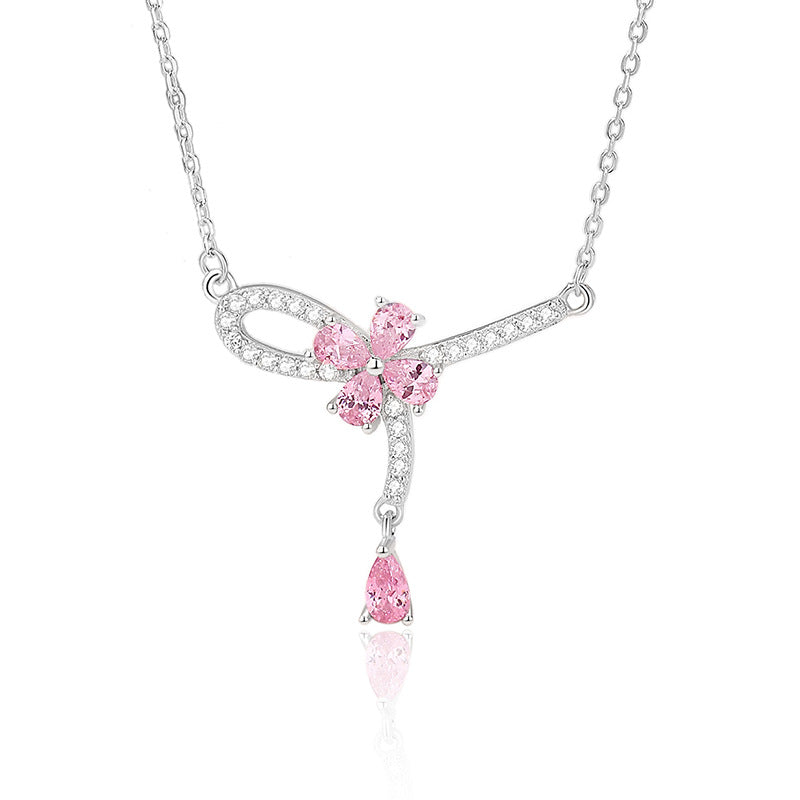 “Pink Petal Tassel” S925 Sterling Silver Floral Pendant Necklace