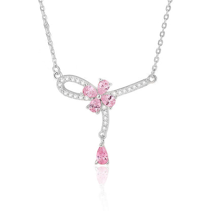 “Pink Petal Tassel” S925 Sterling Silver Floral Pendant Necklace